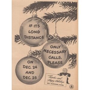 Vintage 1946 Bell Telephone Christmas Holiday Post War Long Distance Print Ad